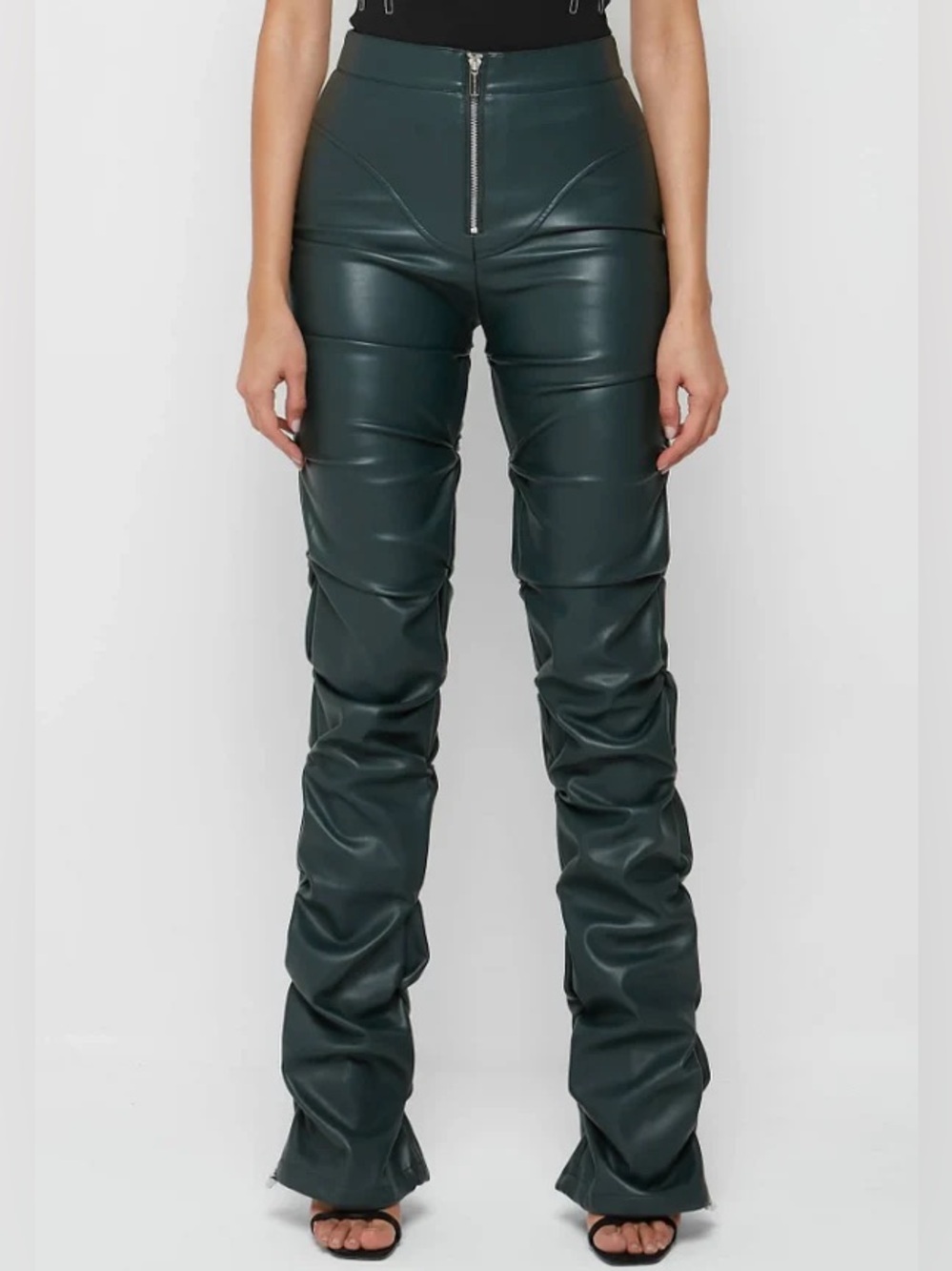 Maniere De Voir Tacked Leather Flared Trousers Dark Green